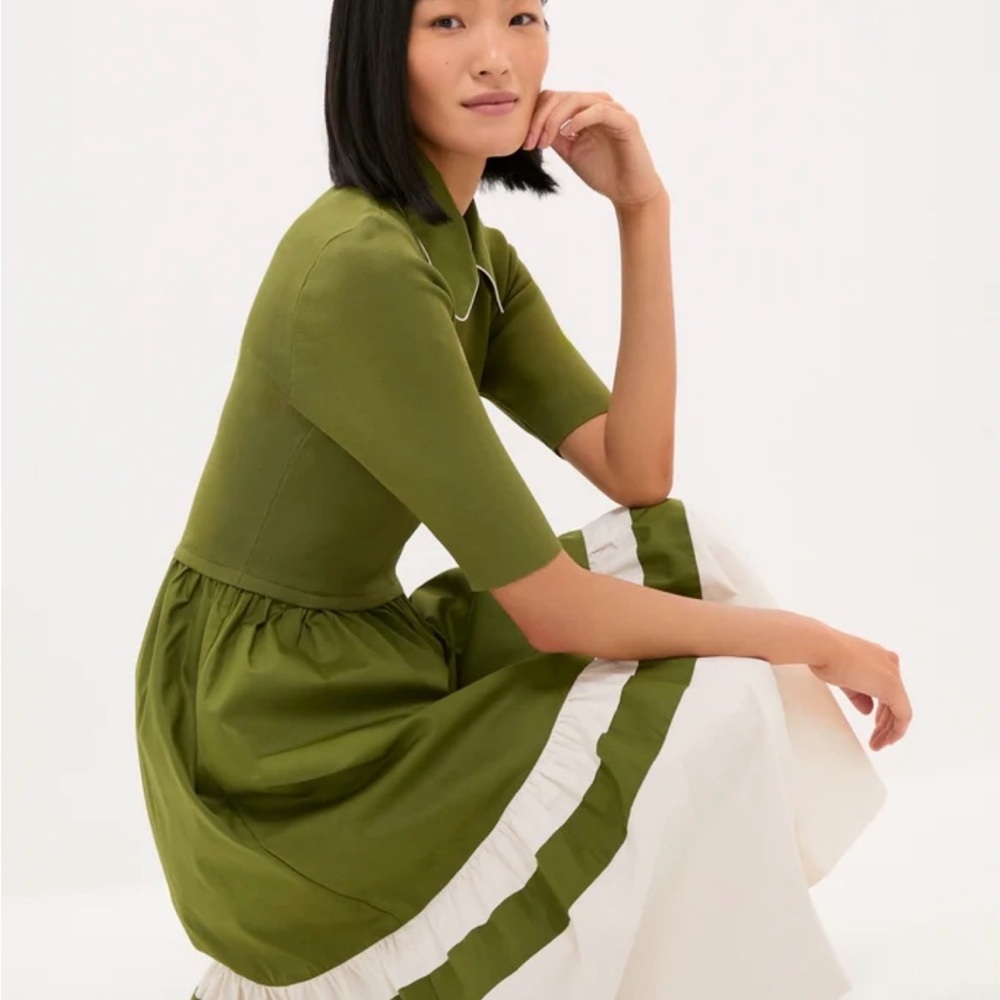 Tuckernuck Olive Green and White Long Sleeve Midi Dress - Picture 1 of 6
